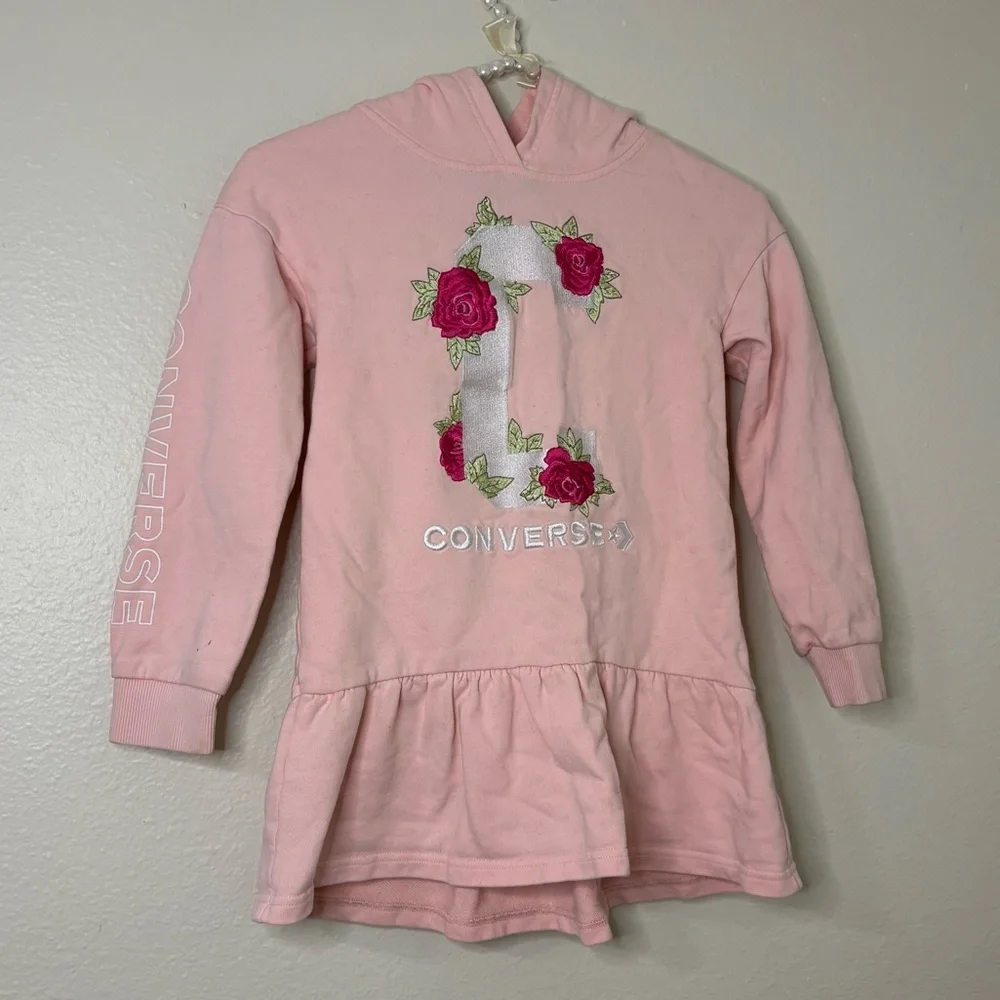Converse Girls Pink Logo Embroidered Hooded Sweater Dress